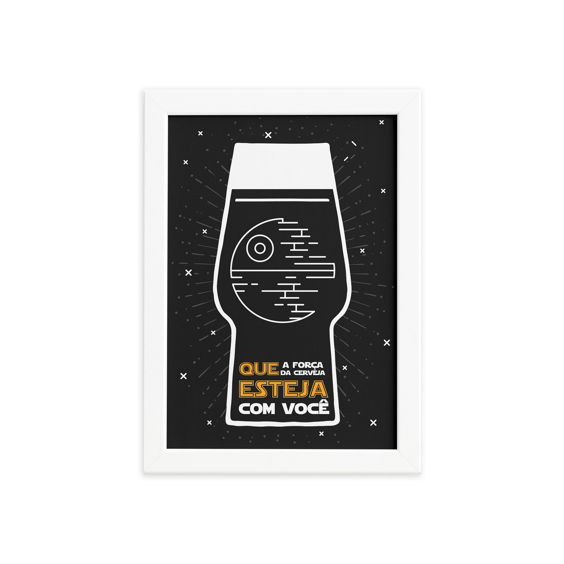 Quadro Geek Jedi Força Cerveja Moldura Branca 
