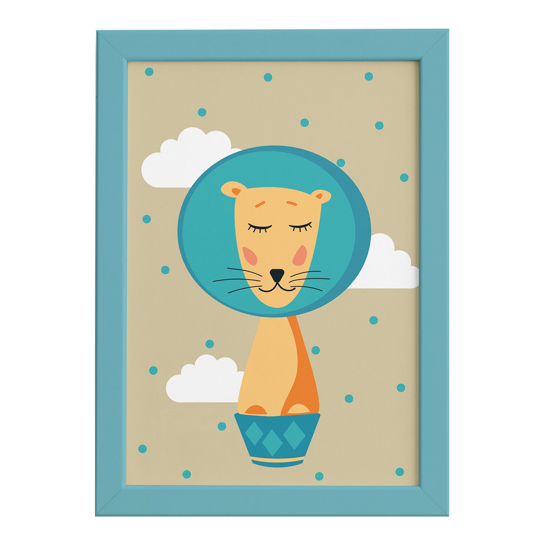 Quadro Infantil Circo Leão para Quarto Moldura Azul