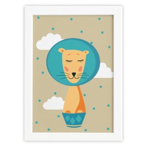 Quadro Infantil Circo Leão para Quarto Moldura Branca