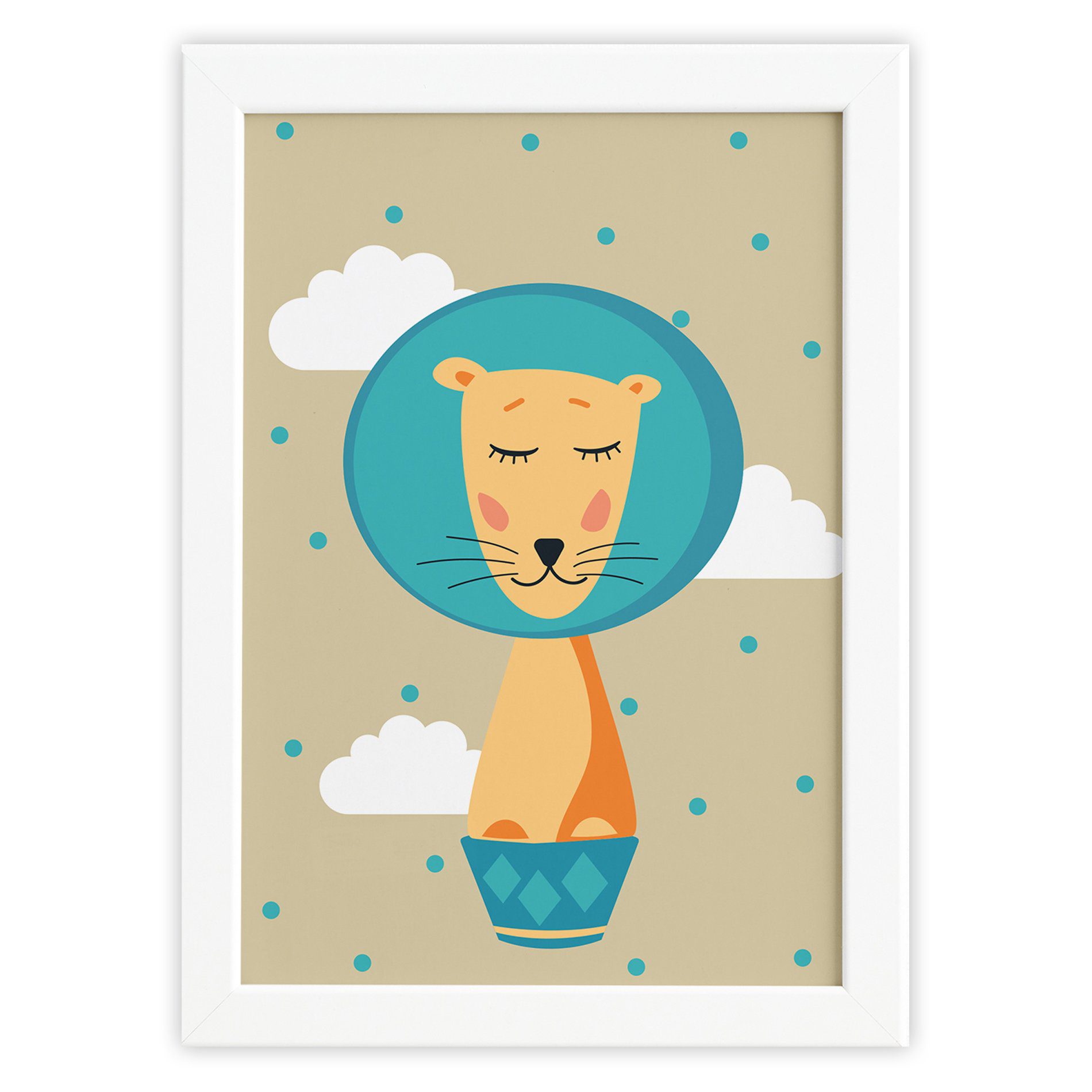 Quadro Infantil Circo Leão para Quarto Moldura Branca