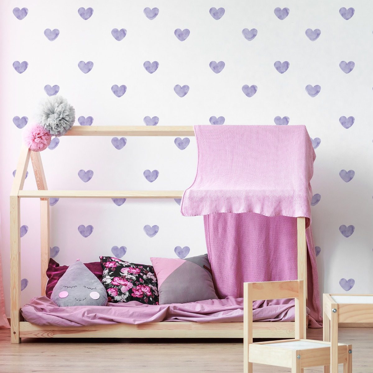 Adesivo de Parede Corações Aquarela Lilás 55 un Cobre 5m²
