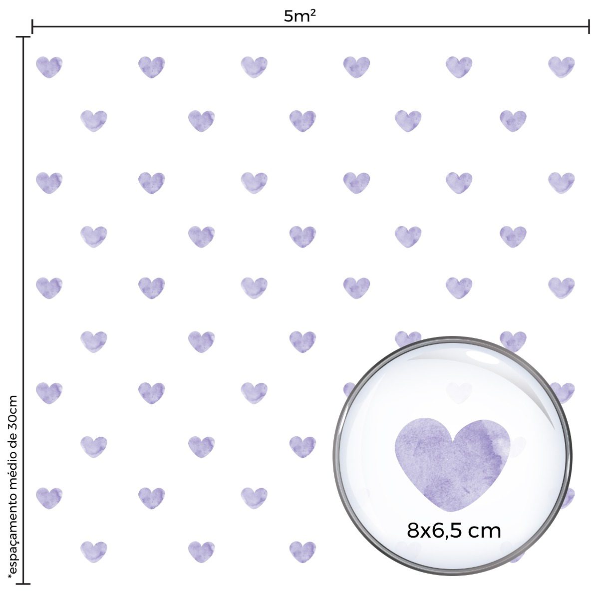Adesivo de Parede Corações Aquarela Lilás 55 un Cobre 5m²