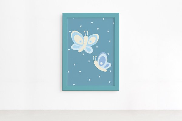 Quadro Coruja Baby Azul Borboletas Moldura Azul