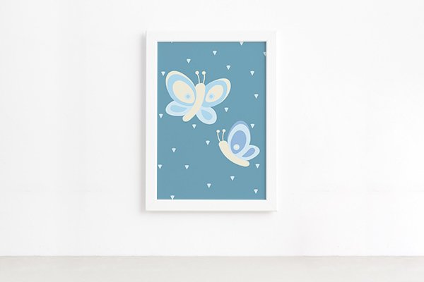 Quadro Coruja Baby Azul Borboletas Moldura Branca