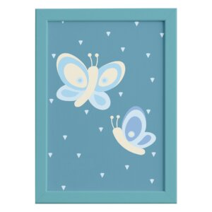 Quadro Coruja Baby Azul Borboletas Moldura Azul