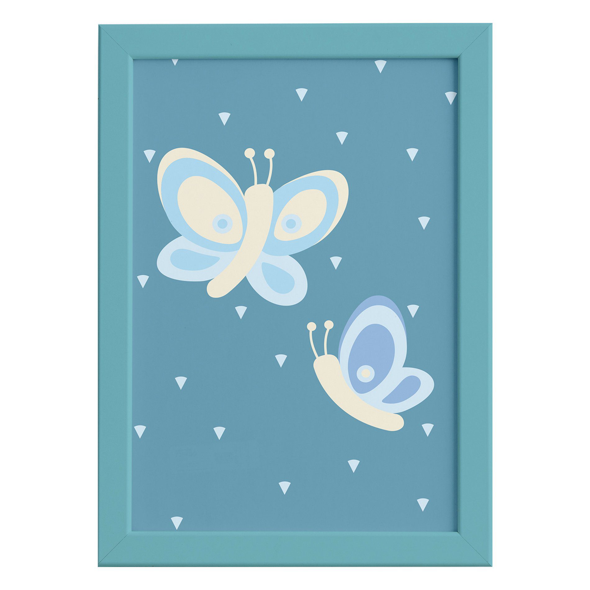 Quadro Coruja Baby Azul Borboletas Moldura Azul