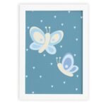 Quadro Coruja Baby Azul Borboletas Moldura Branca 22x32
