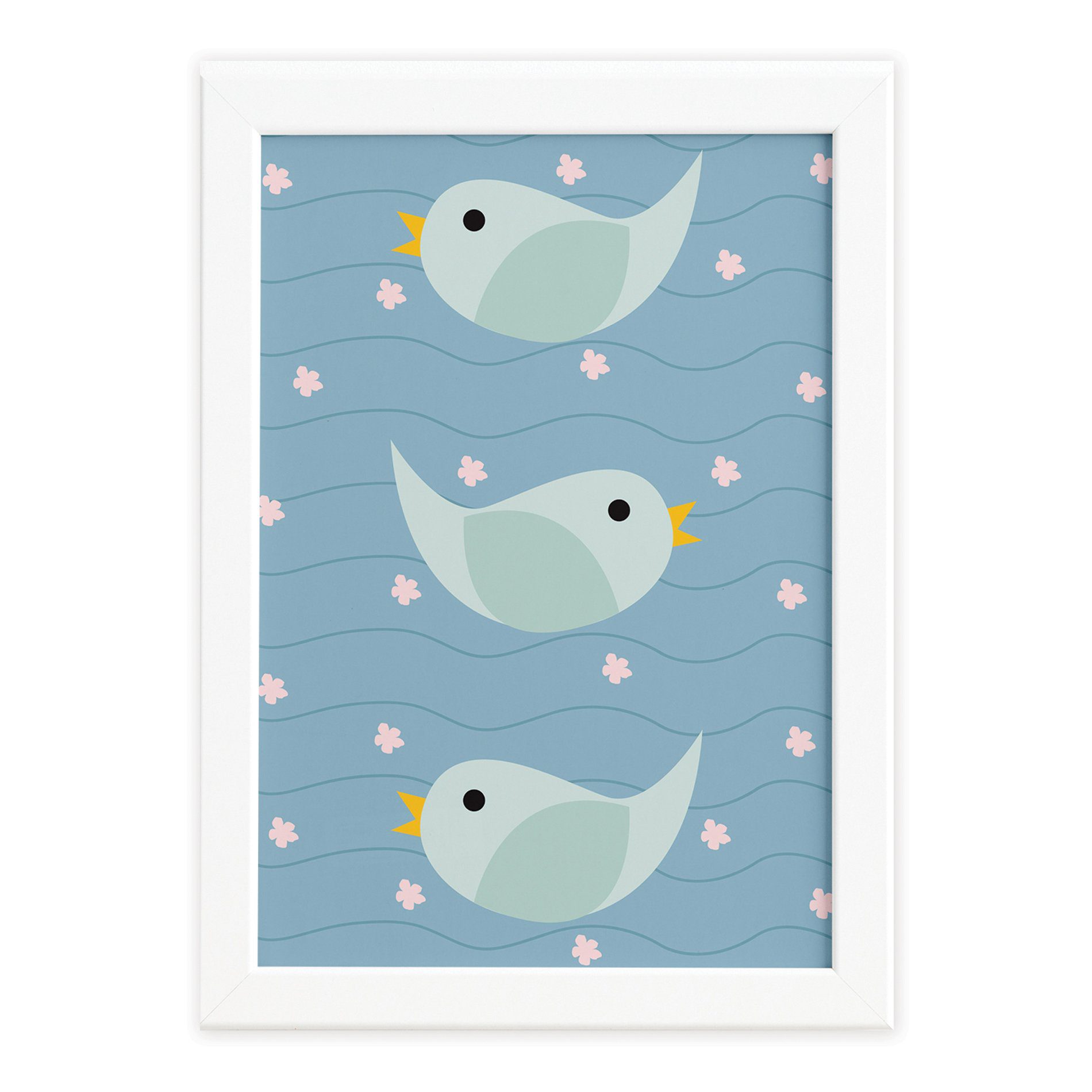 Quadro Infantil Coruja Baby Passarinhos Moldura Branca