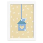Quadro Coruja Baby Azul Passarinho Moldura Branca 22x32