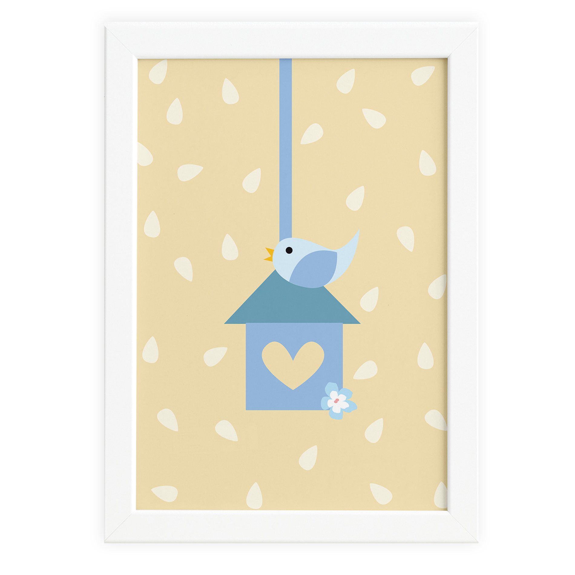 Quadro Coruja Baby Azul Passarinho Moldura Branca