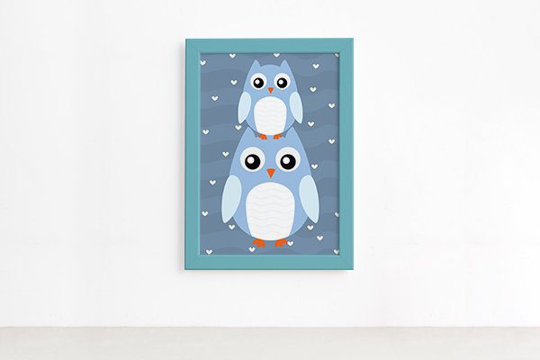 Quadro Infantil Coruja Baby Azul Moldura Azul