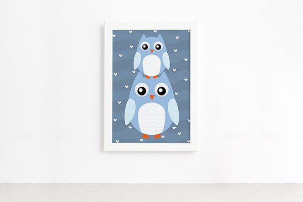 Quadro Infantil Coruja Baby Azul Moldura Branca