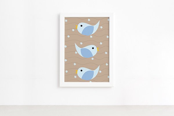 Quadro Coruja Baby Azul Passarinhos Moldura Branca