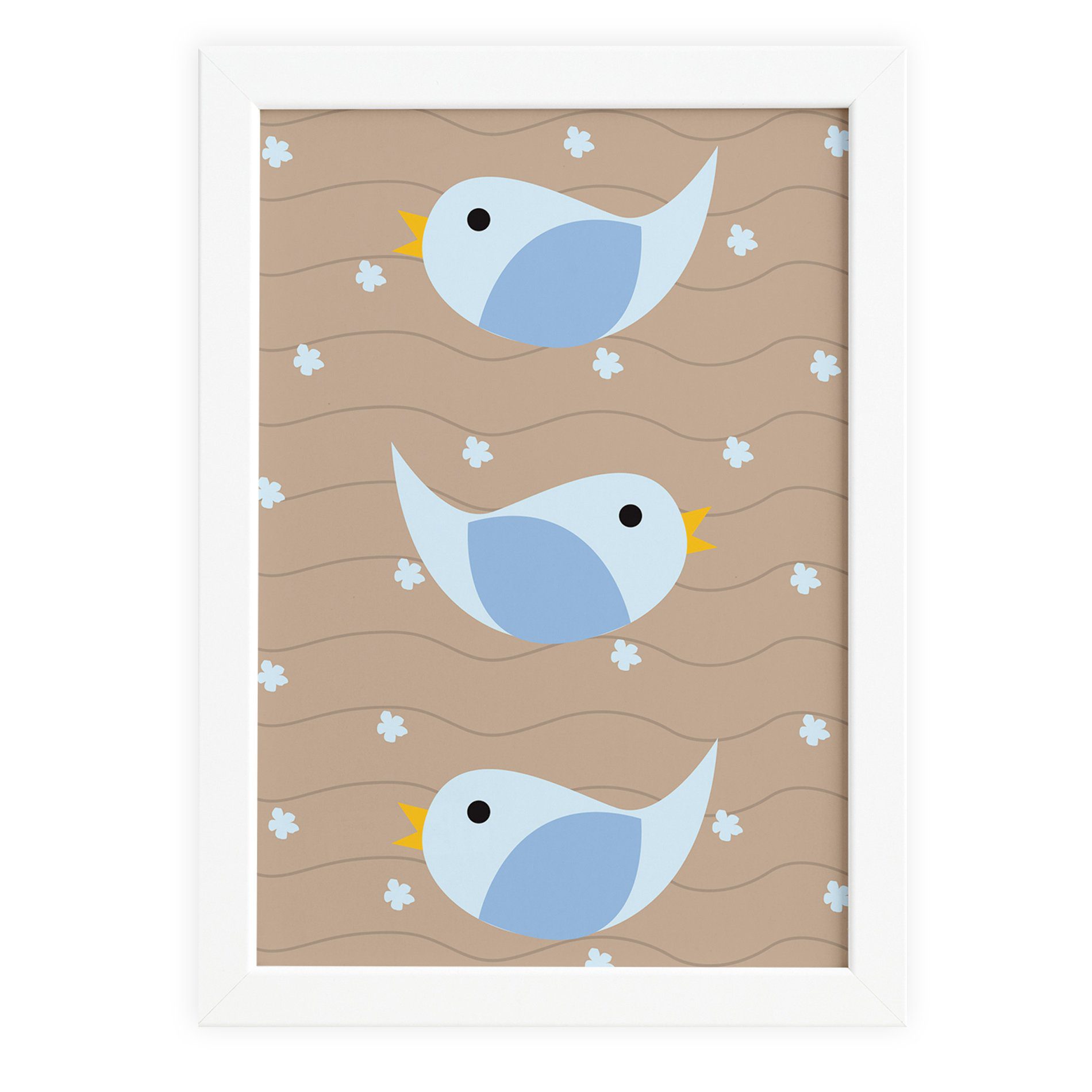 Quadro Coruja Baby Azul Passarinhos Moldura Branca