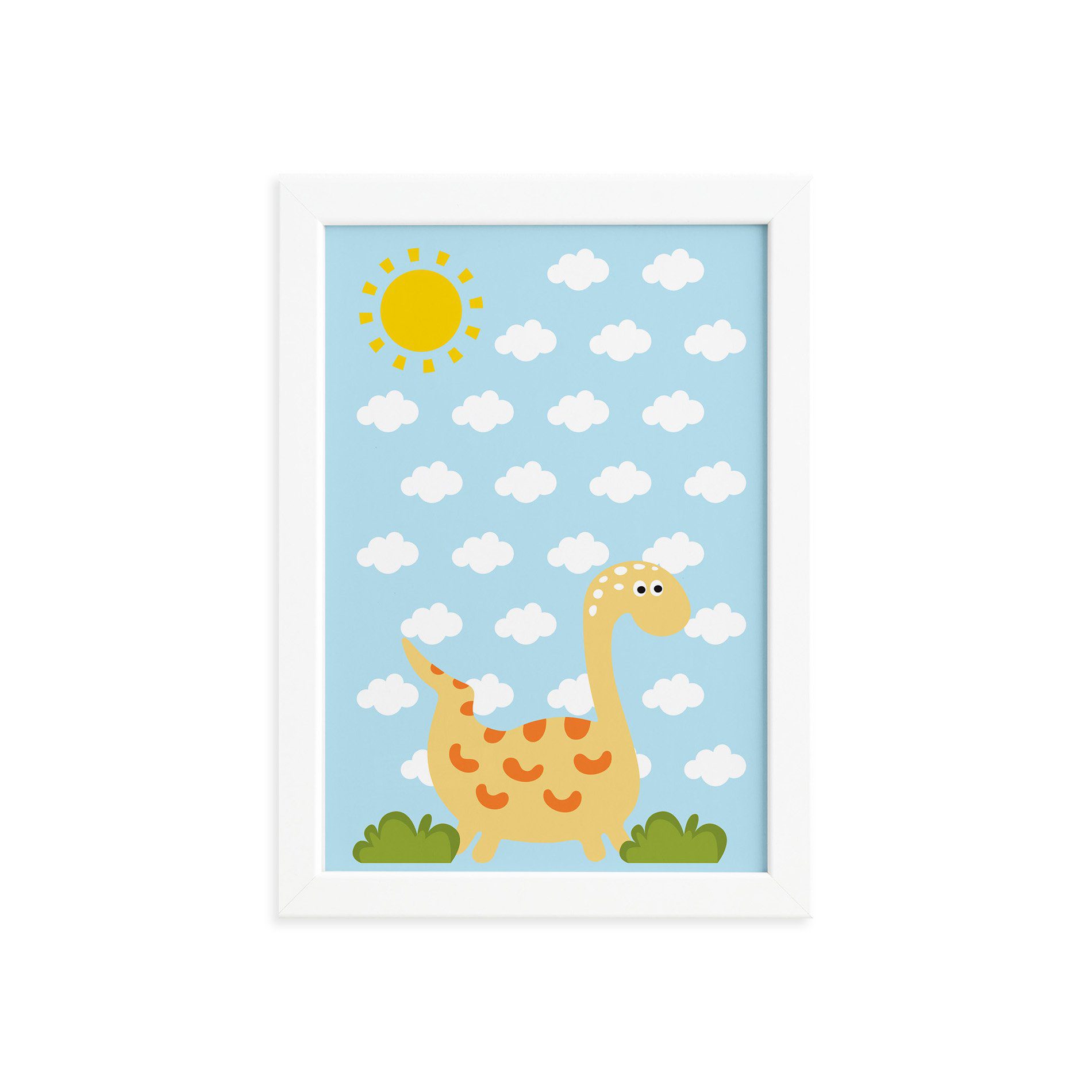 Quadro Infantil Dinossauro Baby Amarelo 22x32 Moldura Branca