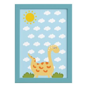 Quadro Infantil Dinossauro Baby 2 Amarelo 22x32 Moldura Azul