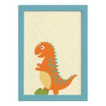 Quadro Infantil Dinossauro Baby 2 Laranja 22x32 Moldura Azul