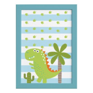 Quadro Infantil Dinossauro Baby 2 Verde 22x32 Moldura Azul 