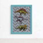 Quadro Infantil Dinossauro Cinza Moldura Azul 22x32