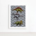 Quadro Infantil Dinossauro Cinza Moldura Branca 22x32