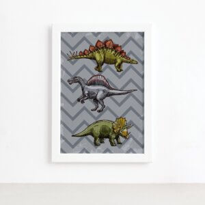 Quadro Infantil Dinossauro Cinza Moldura Branca 22x32
