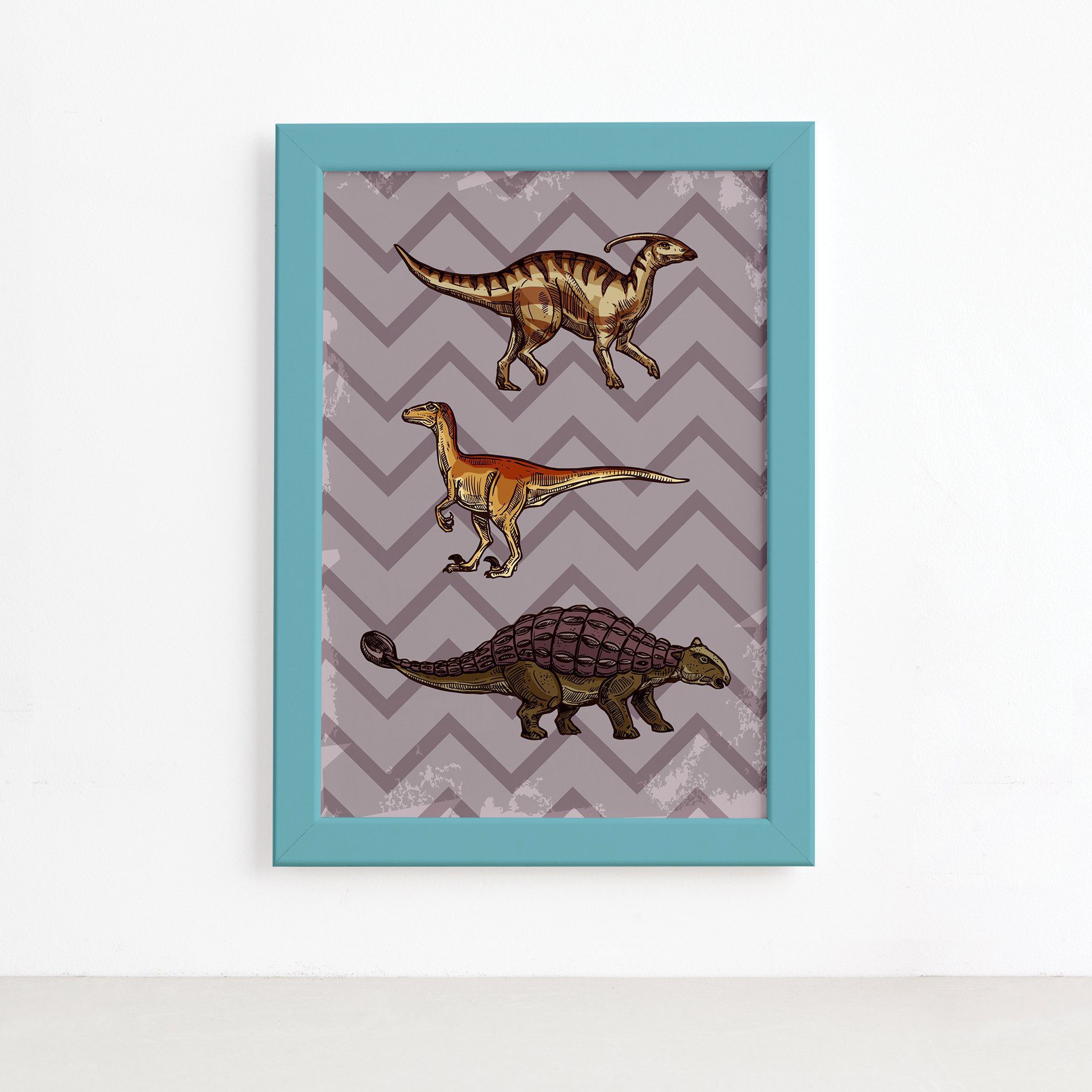 Quadro Infantil Dinossauro Roxo Moldura Azul 22x32