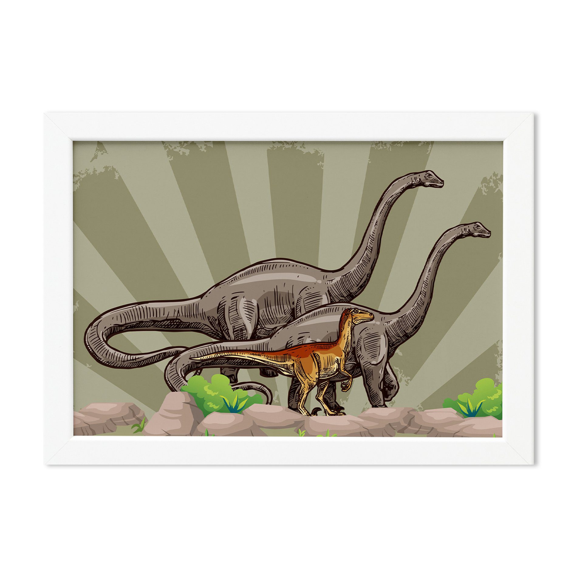 Quadro Infantil Dinossauro Verde Moldura Branca 22x32