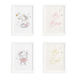 Quadros Elefante Rosa Para Quarto Moldura Branca 22x32cm 4un