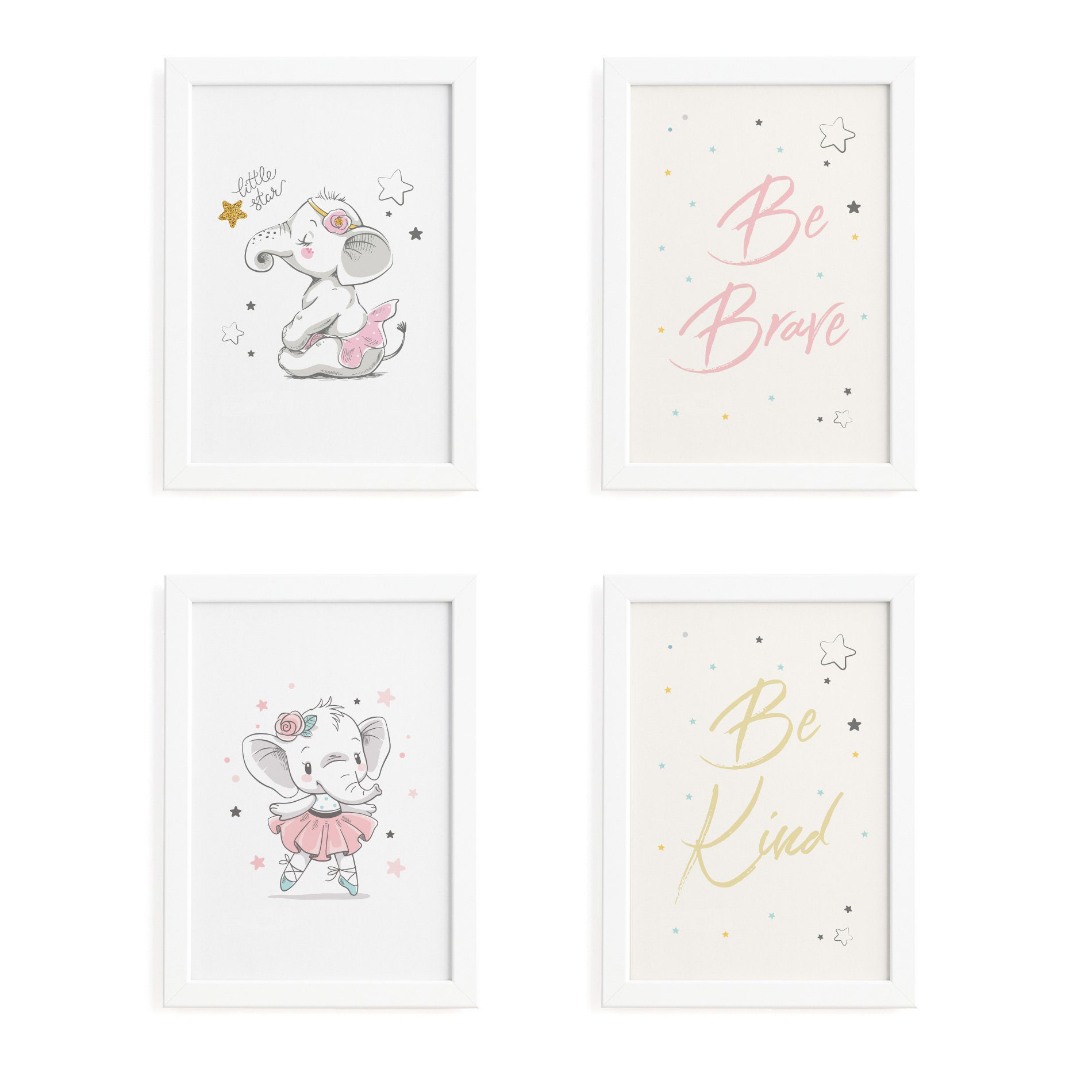 Quadros Elefante Rosa Para Quarto Moldura Branca 33x43cm 4un