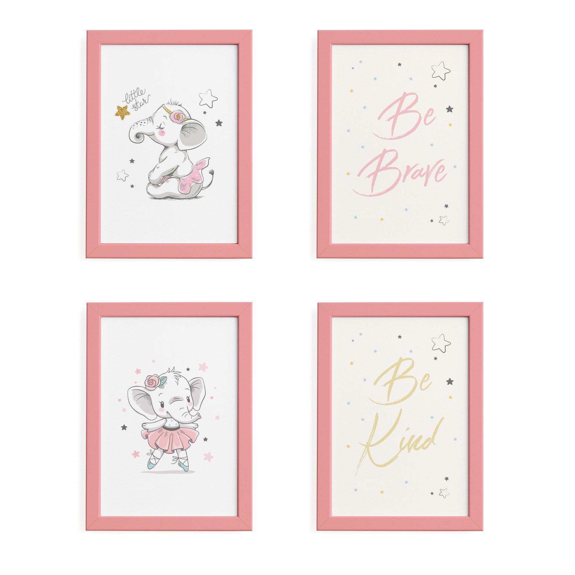 Quadros Elefante Rosa Para Quarto Moldura Rosa 22x32cm 4un