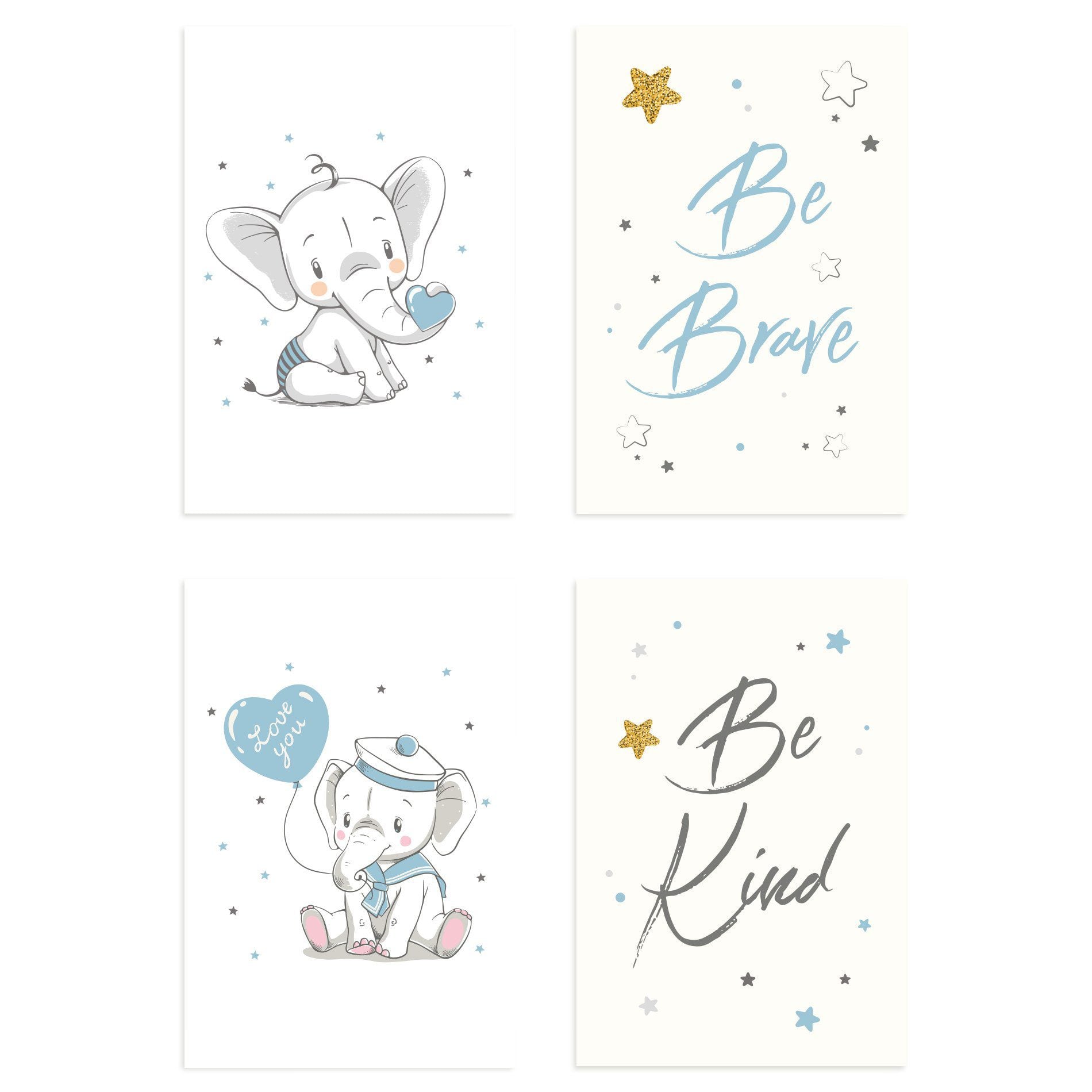 Placas Decorativas Elefante Azul Para Quarto 20x30cm Kit 4un