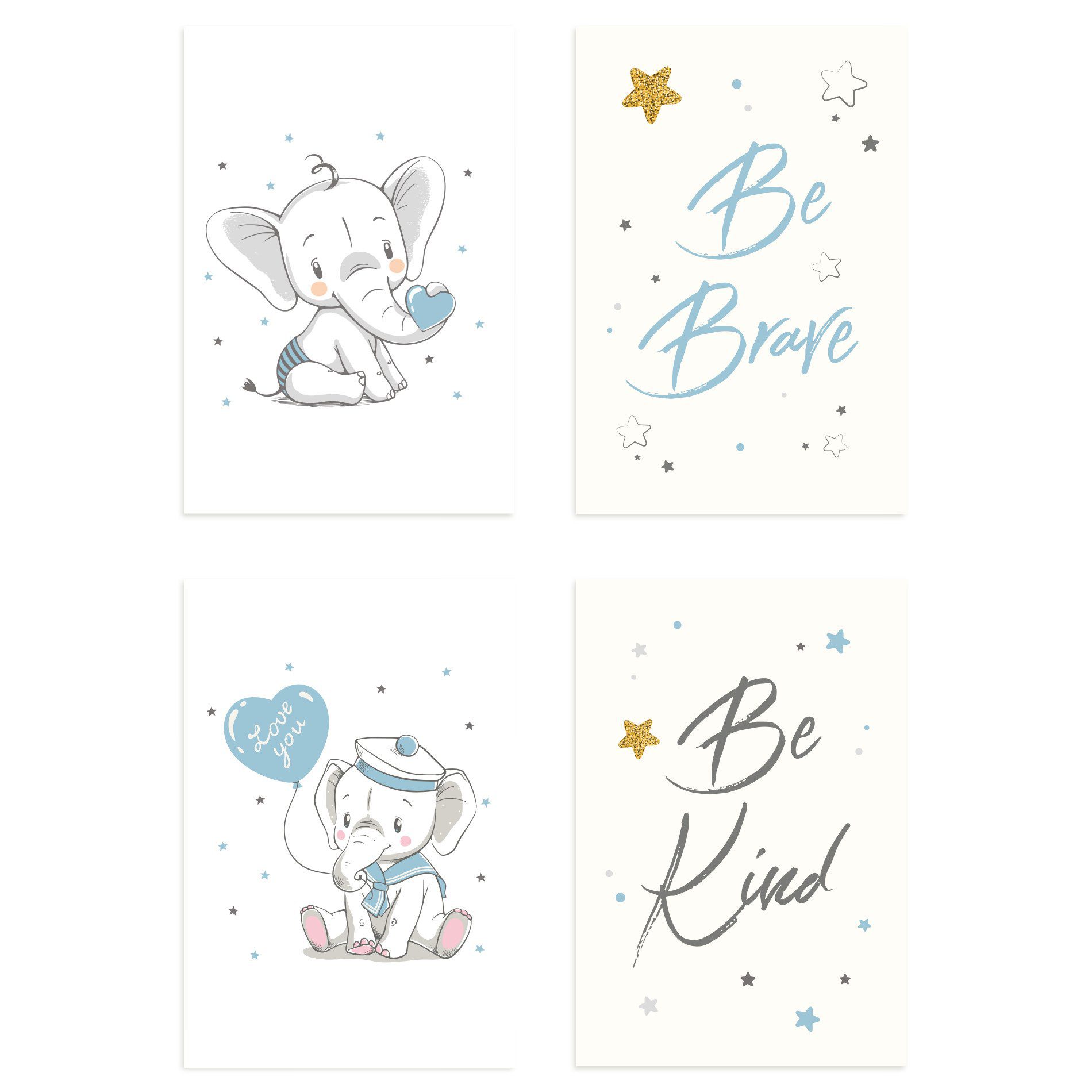 Placas Decorativas Elefante Azul Para Quarto 30x40cm Kit 4un