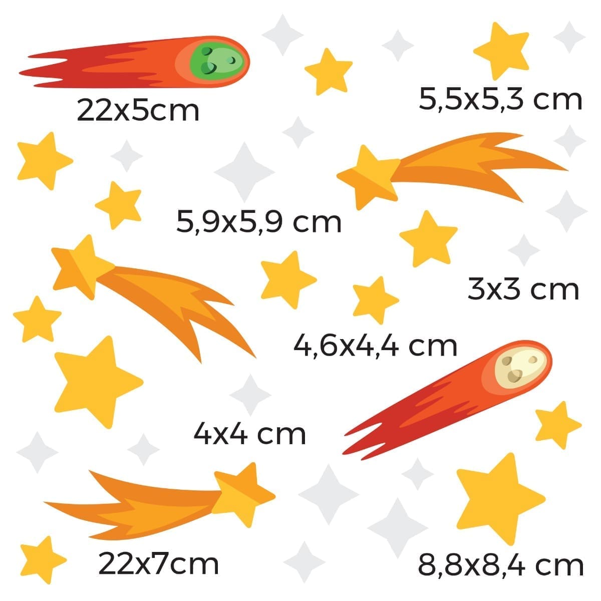 Imagem ilustrativa mostrando dimensões dos adesivos de parede do kit extra sistema solar com 52 unidades. Estrelas amarelas e cometas em tons de laranja e vermelho, com medidas variadas entre 3x3 cm e