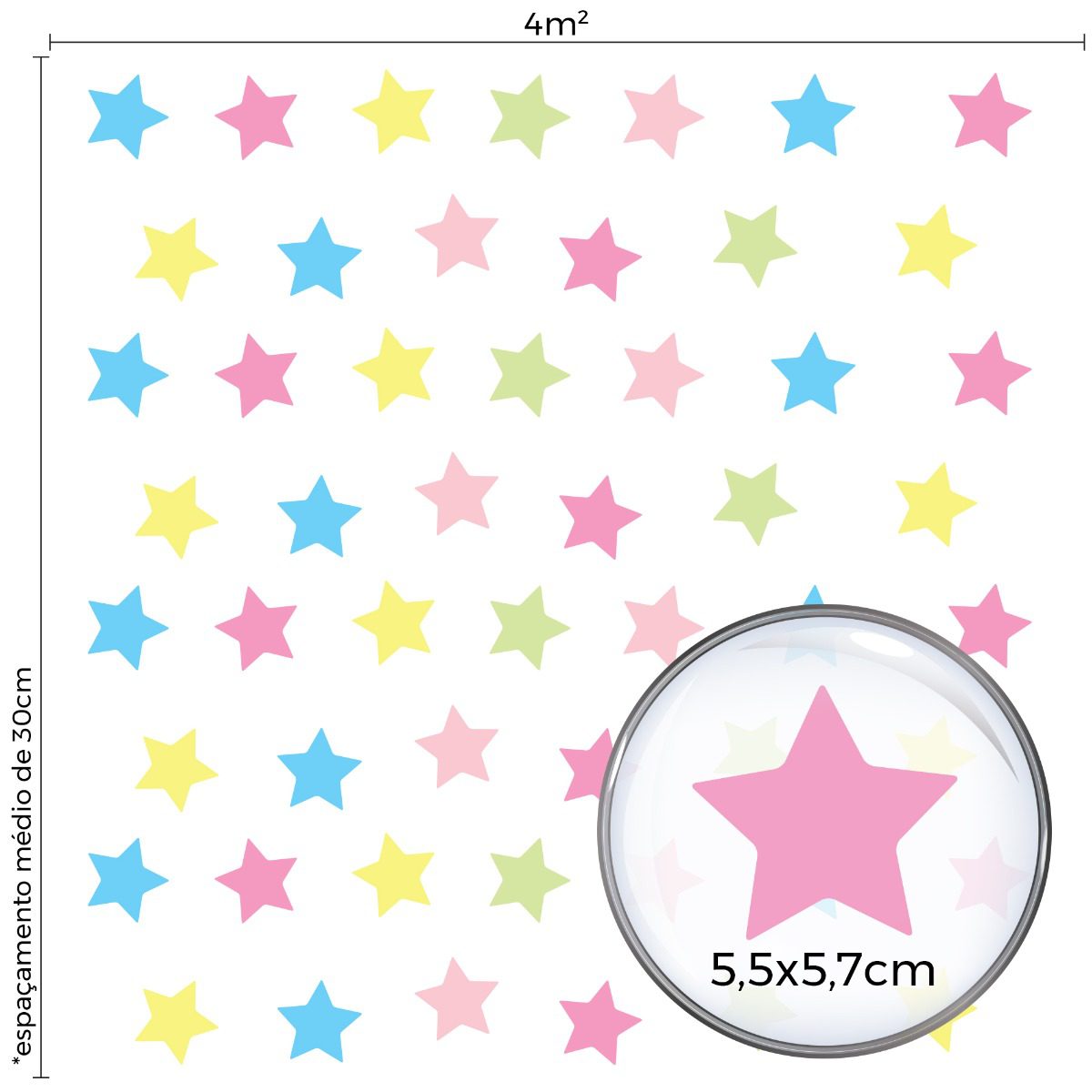 Imagem ilustrativa das dimensões do adesivo de parede com estrelas coloridas Candy Colors, mostrando tamanho e espaçamento.