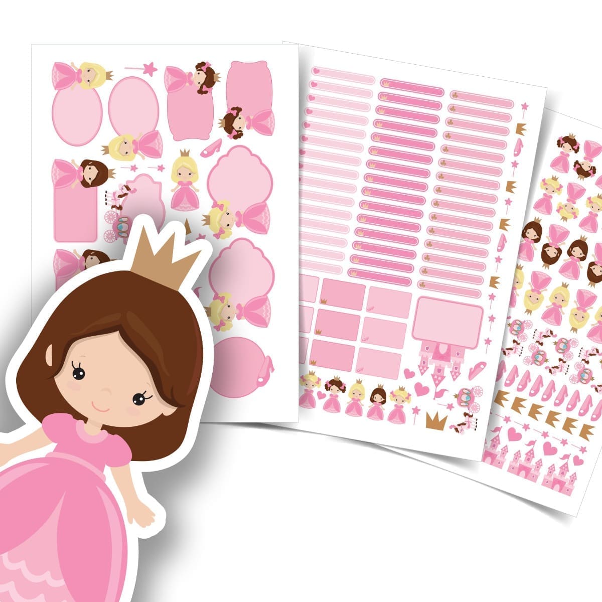 Imagem detalhada das etiquetas escolares personalizadas com tema princesa mostrando formatos e tamanhos variados