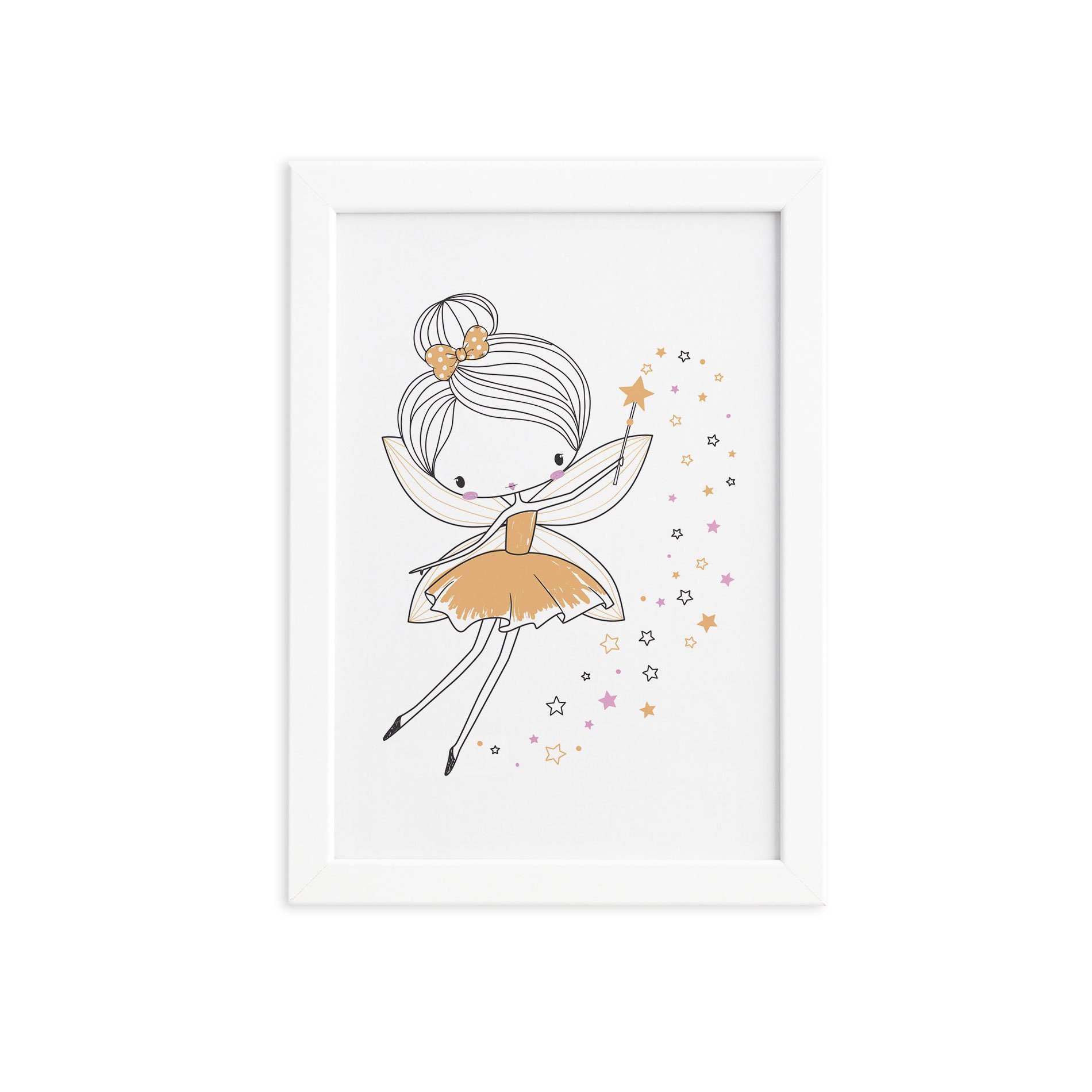 Quadro Quarto de Menina Fada Amarela Moldura Branca