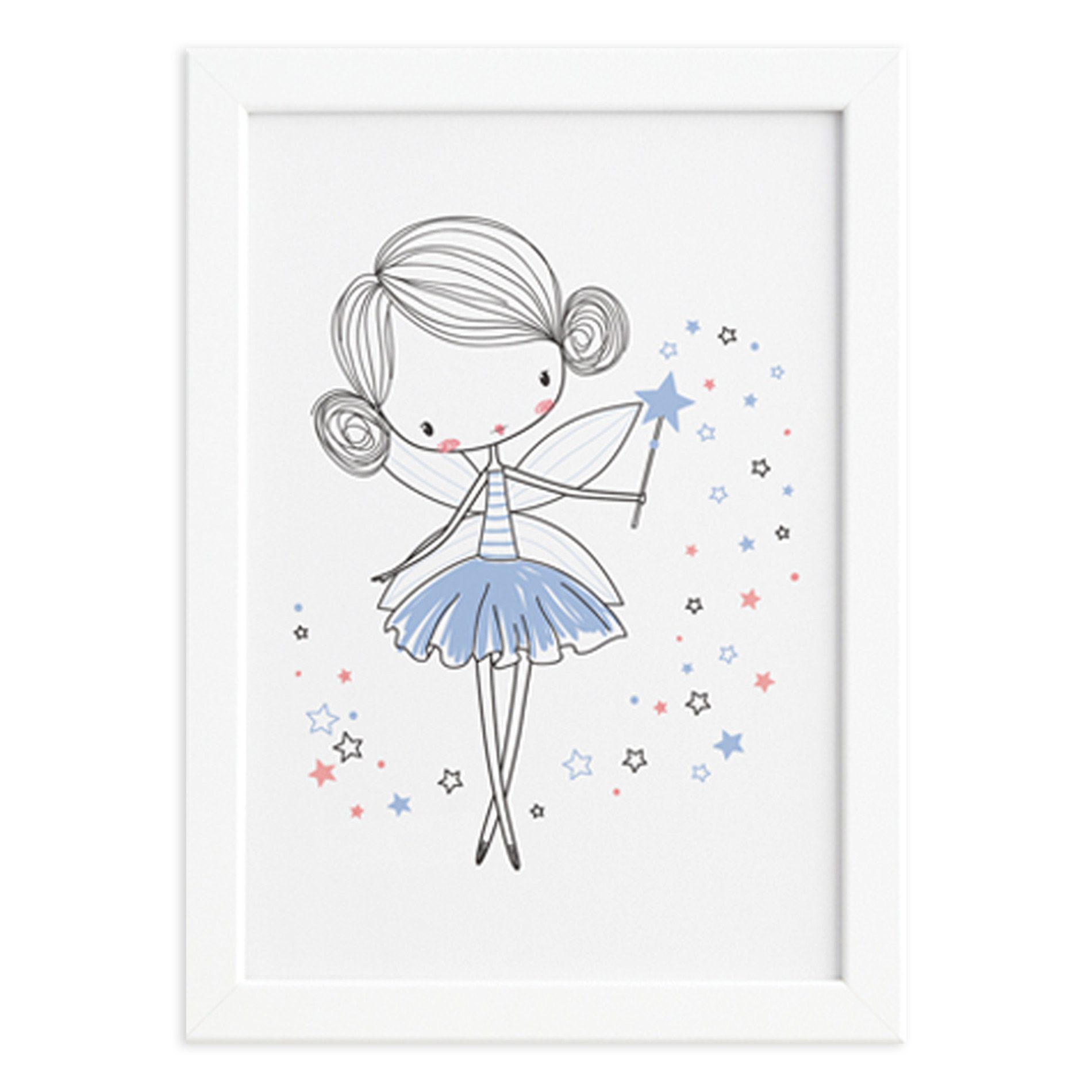 Quadro para Quarto de Menina Fada Azul Moldura Branca
