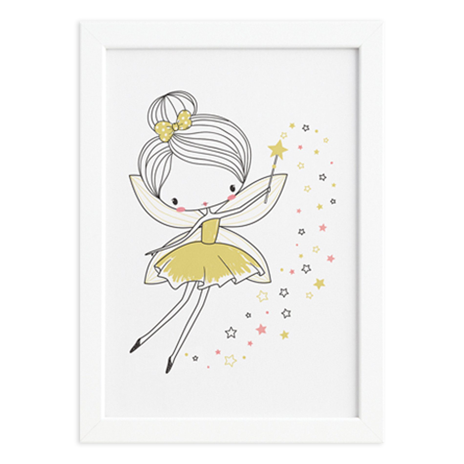 Quadro Quarto de Menina Fada Amarelo Moldura Branca
