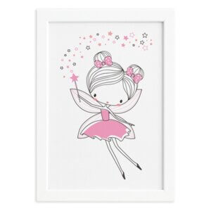 Quadro Quarto de Menina Fada Rosa Moldura Branca
