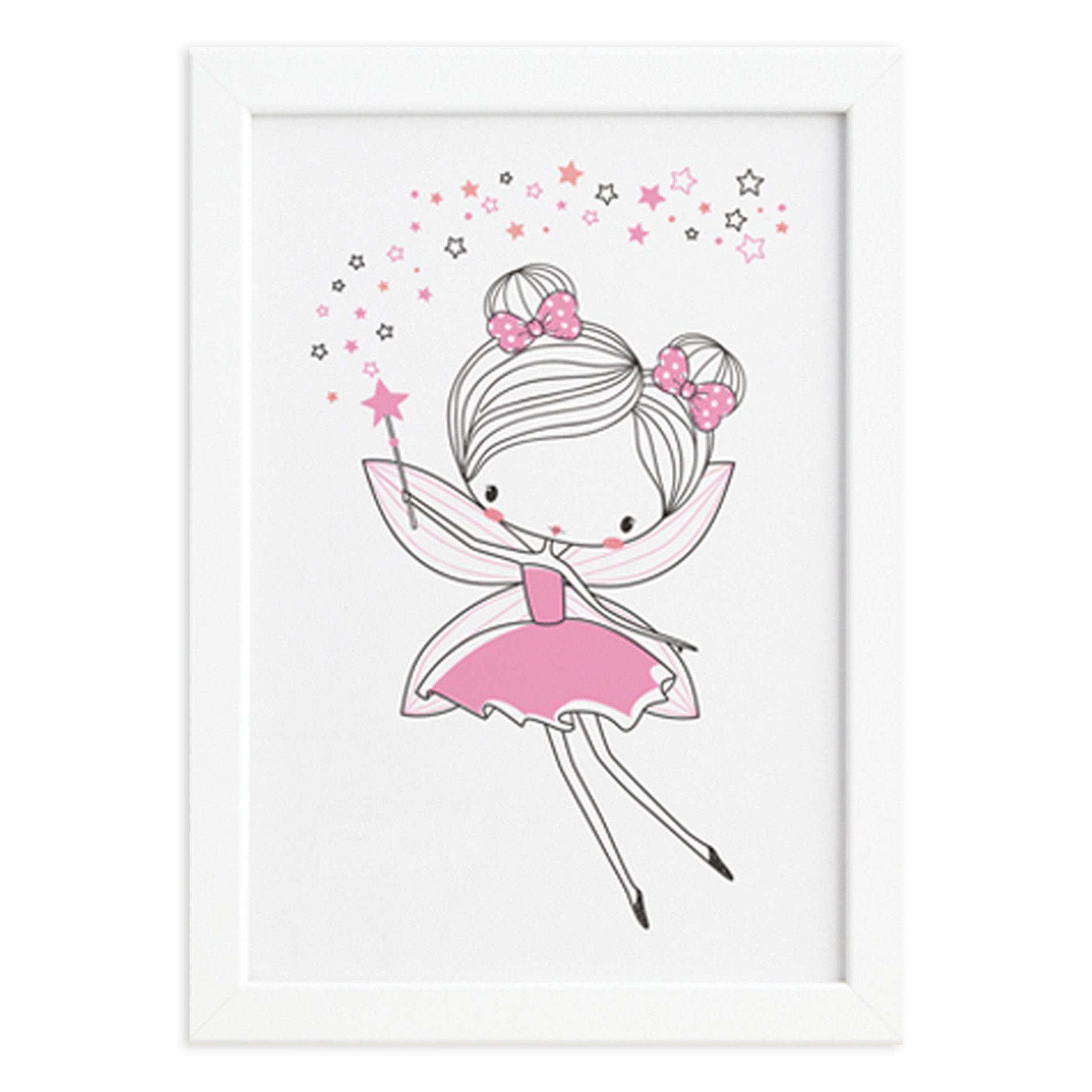 Quadro Quarto de Menina Fada Rosa Moldura Branca