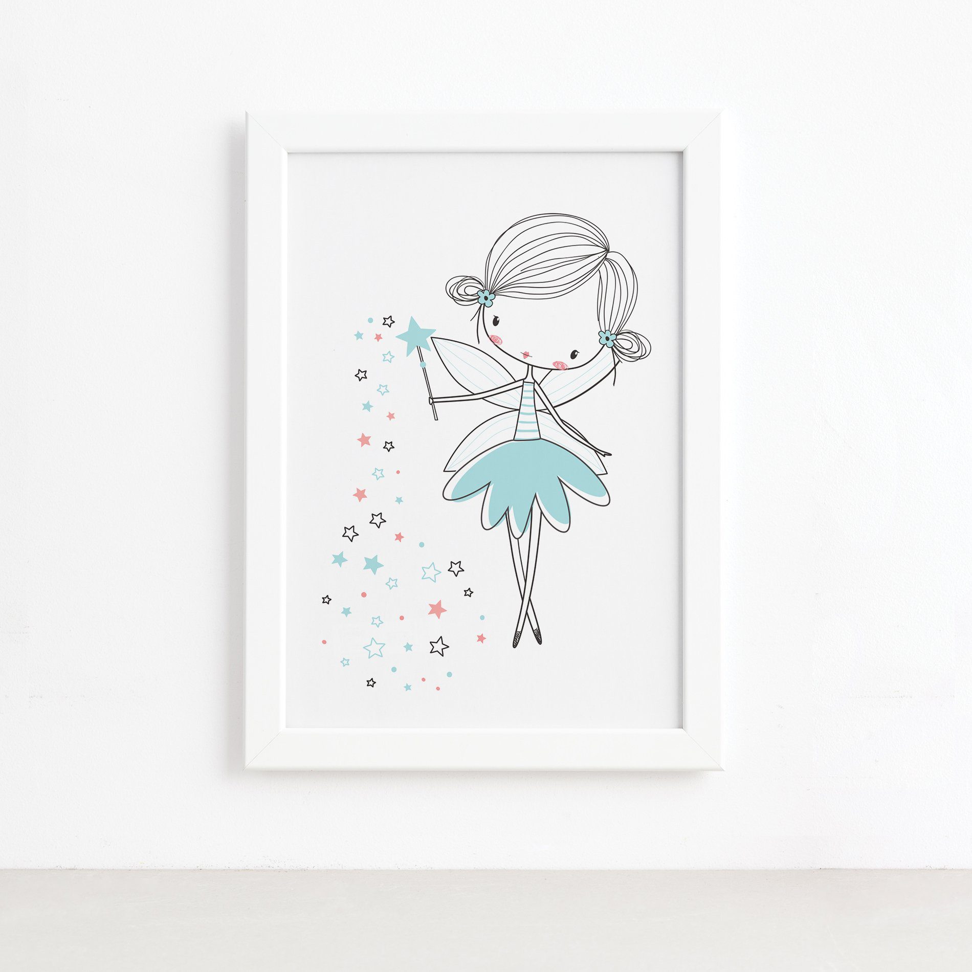 Quadro para Quarto Fada Turquesa Moldura Branca