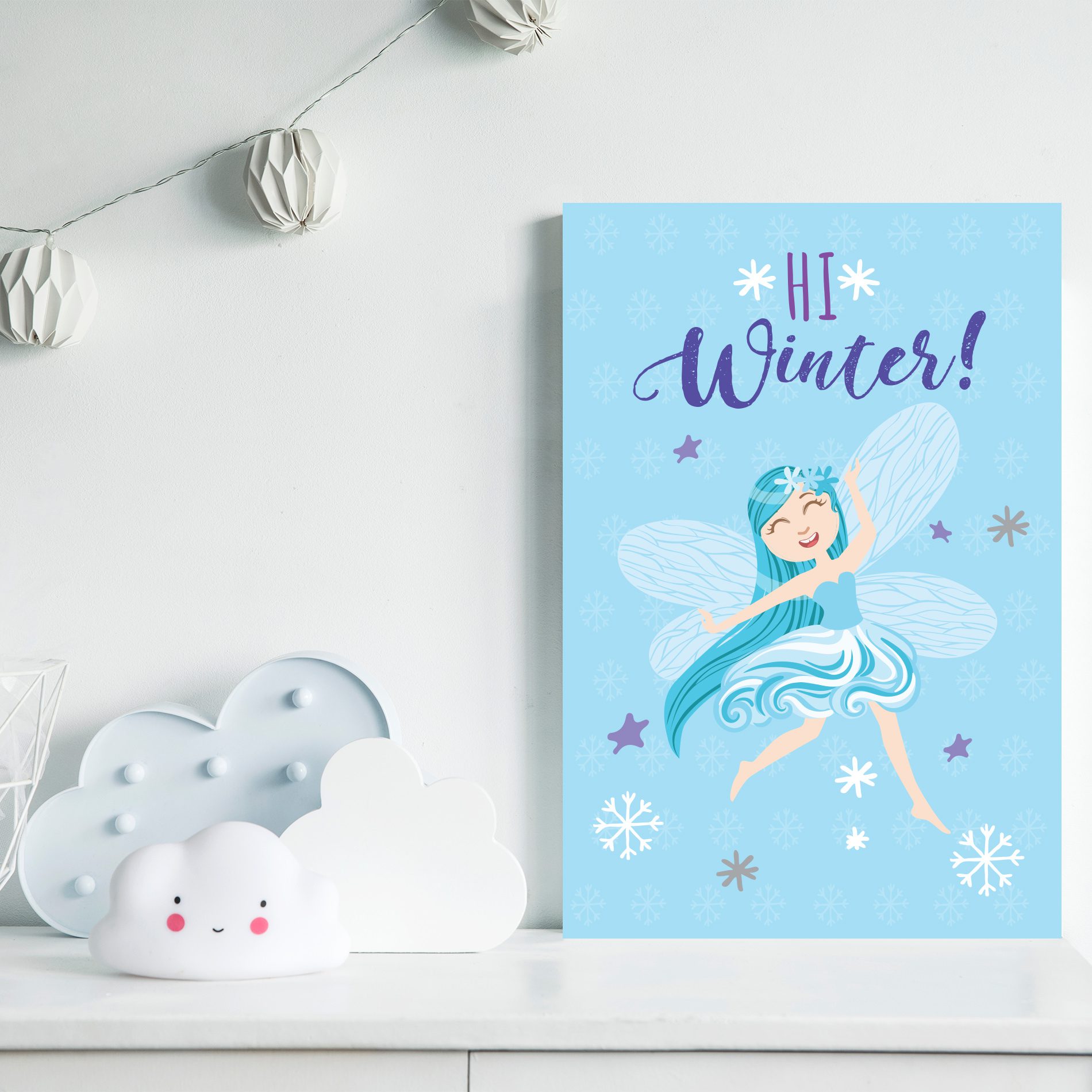 Placa Decorativa MDF Fadas e Flores Inverno Azul