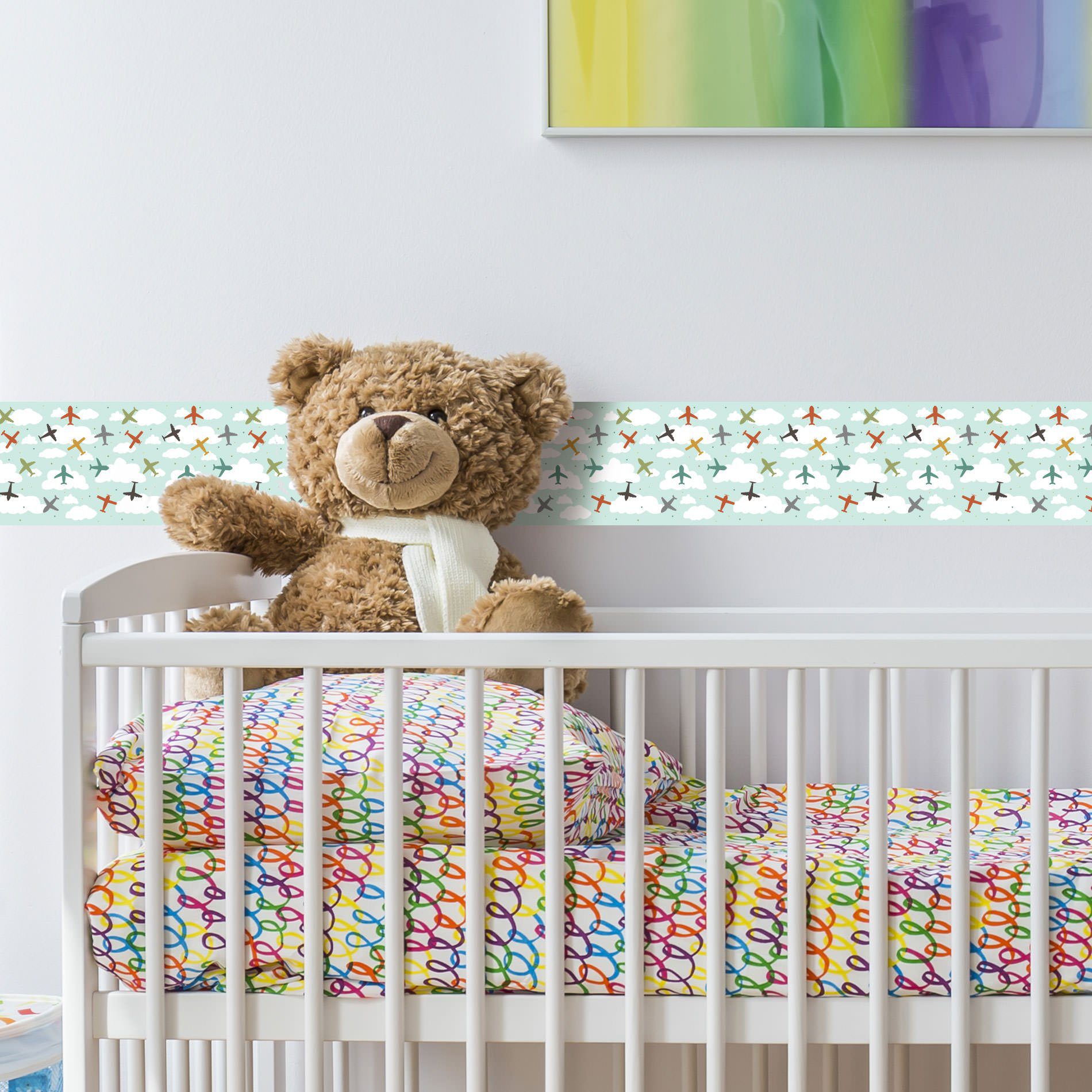 Adesivo de Parede Faixa Decorativa Infantil Aviões Coloridos 6m x 15cm