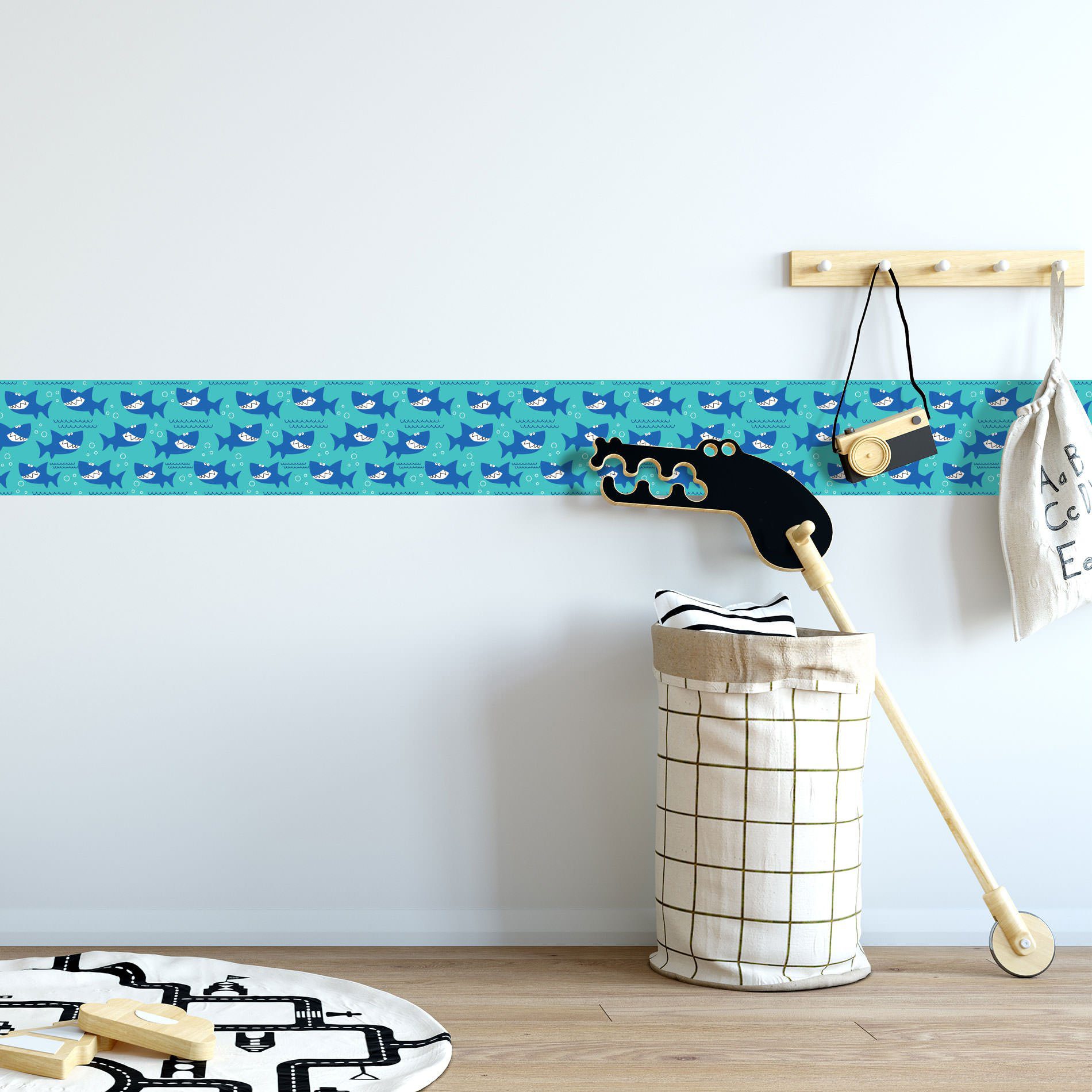 Faixa Adesiva para Quarto de Menino Tubarão Azul 10mx10cm