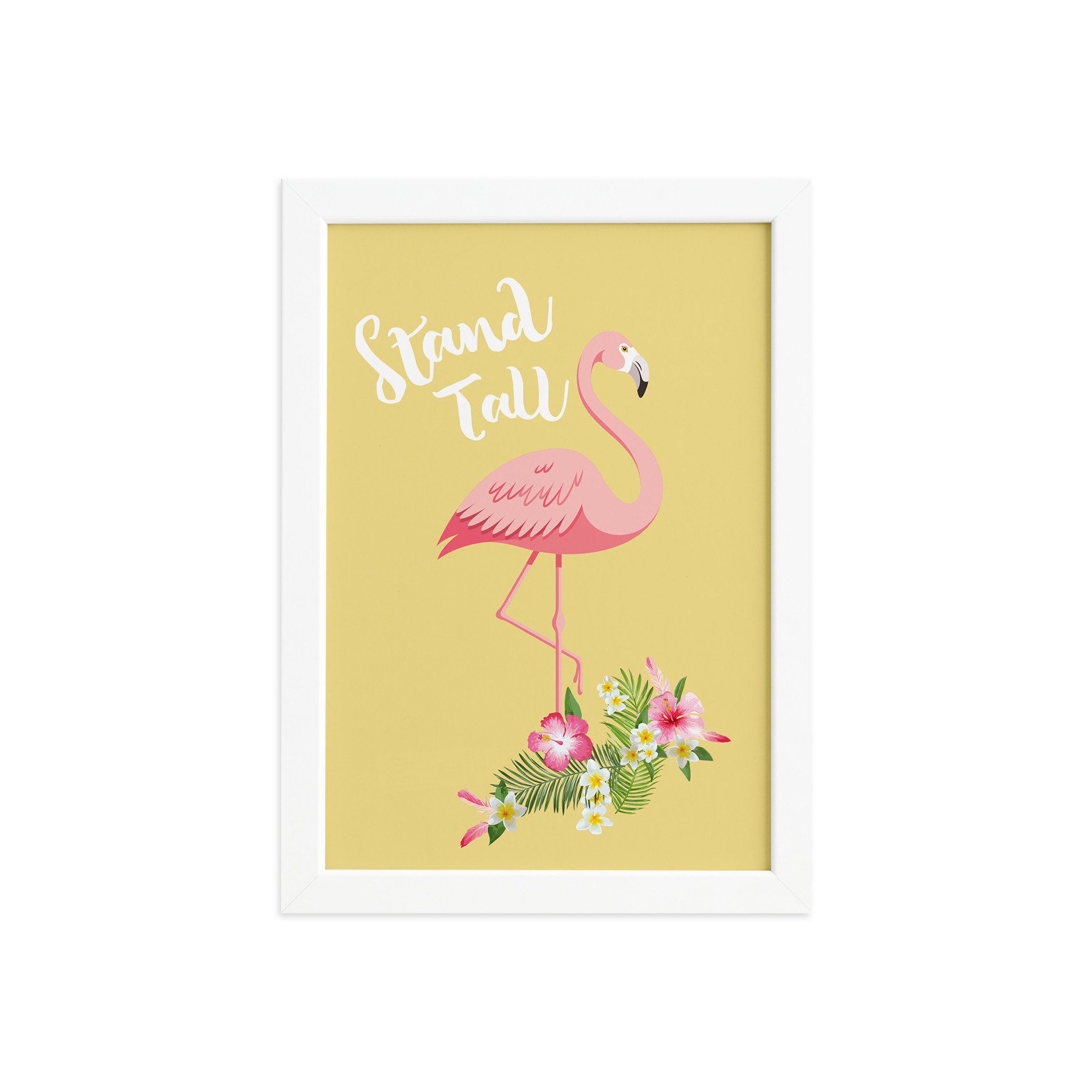 Quadro Decorativo MDF Flamingo e Folha Moldura Branca 22x32cm