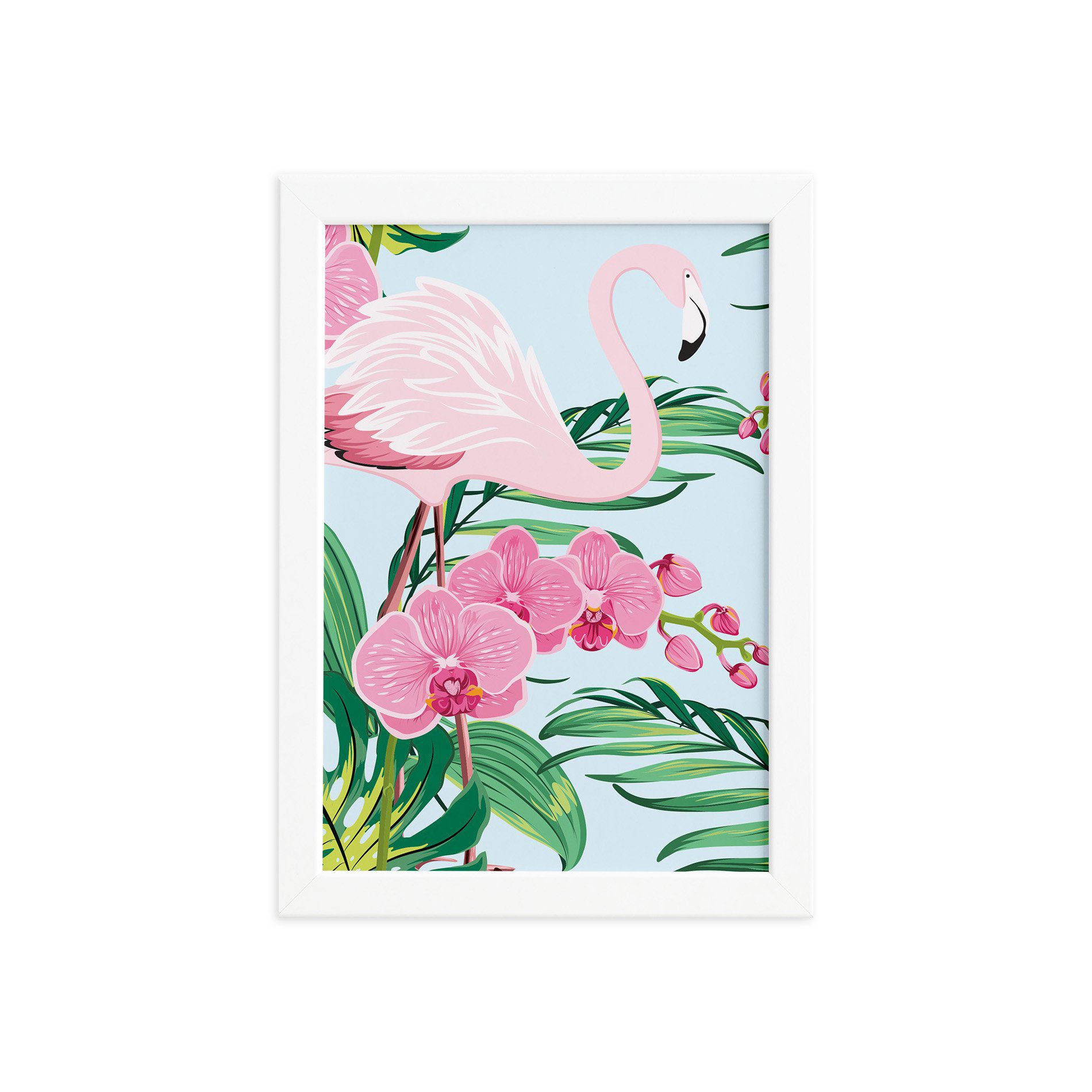 Quadro Flamingo Flores Moldura Branca 33x43cm