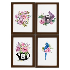 Quadros para Sala Flores Aquarela Moldura Marrom 22x32cm 4un