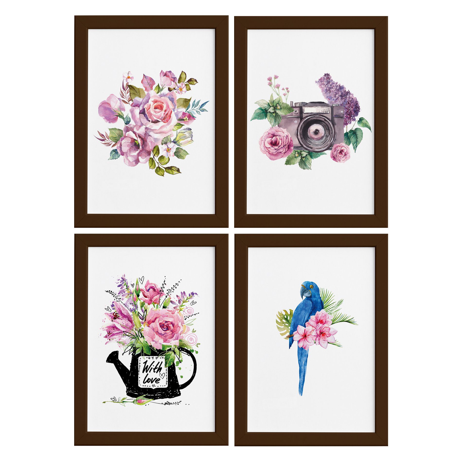 Quadros para Sala Flores Aquarela Moldura Marrom 22x32cm 4un