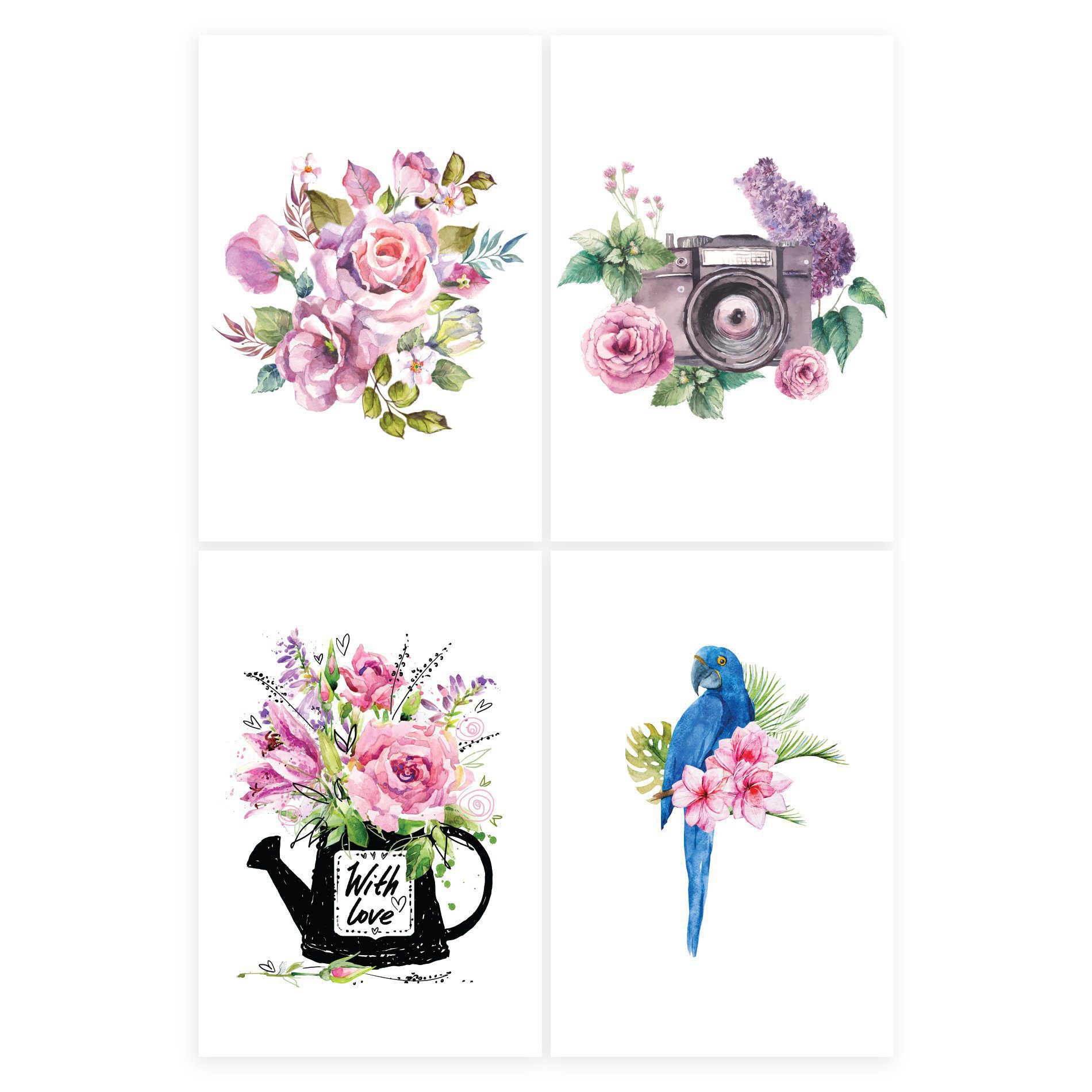 Placas Decorativas para Sala Flores Aquarela 30x40cm Kit 4un
