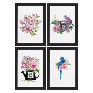 Quadros para Sala Flores Aquarela Moldura Preta 33x43cm 4un